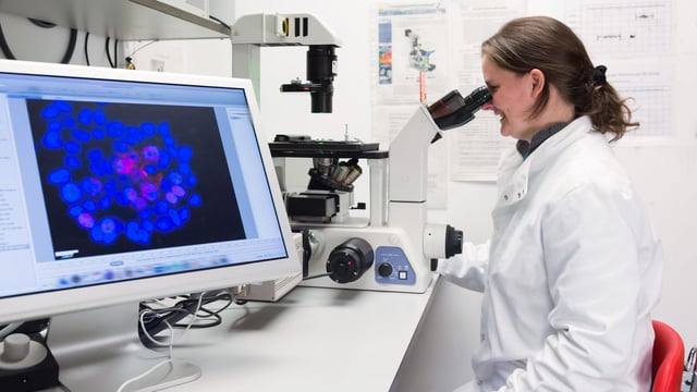 Kvinnelig kreftforsker kikker i et mikroskop mens hun smiler. Daiichi Sankyo Nordics støtter forskning på brystkreft. Illustrasjonsfoto