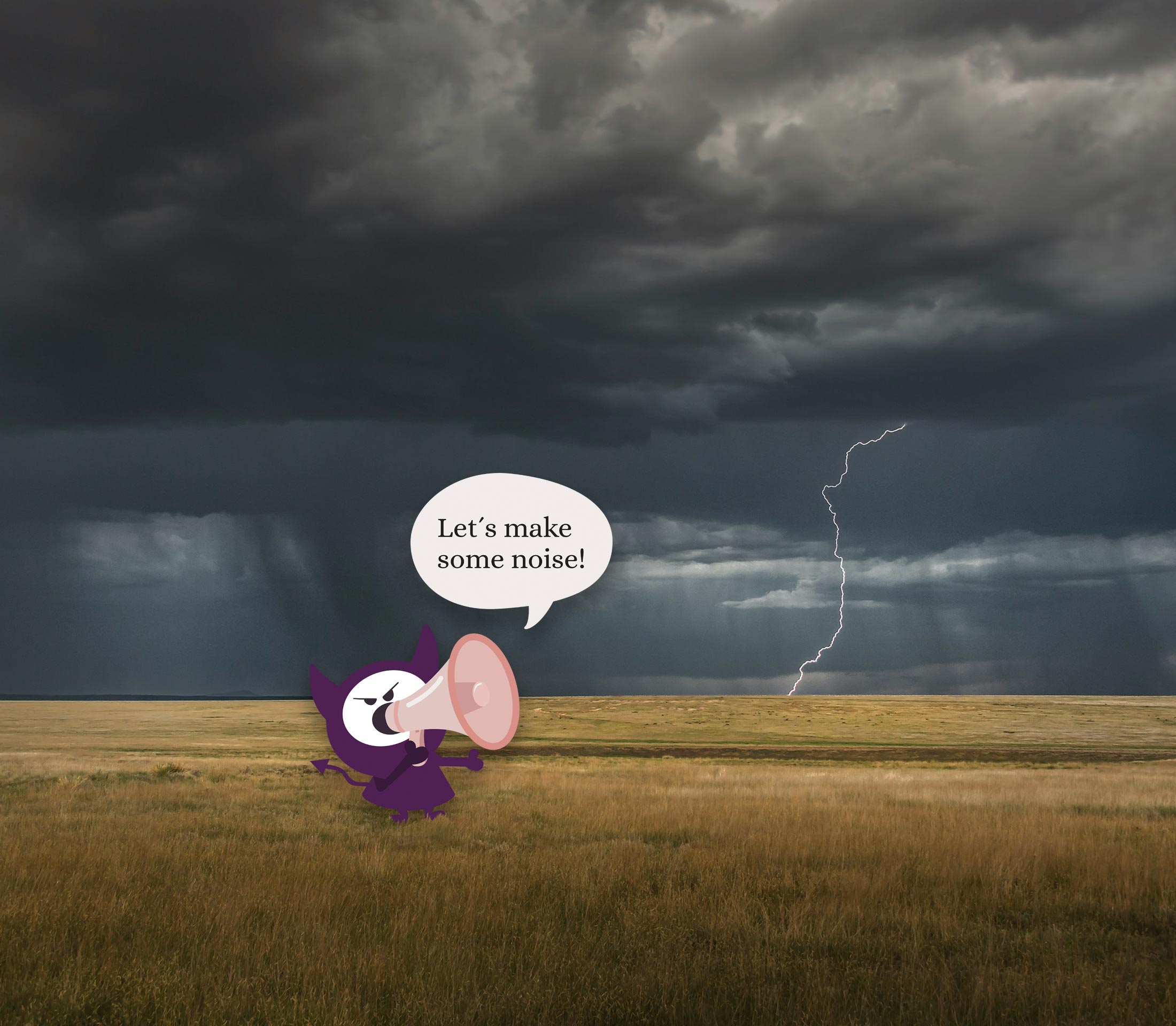 Ms. Noisy fra Instagram står på et jorde i tordenvær med ropert og lager støy for metastatisk brystkreft. Illustrasjon